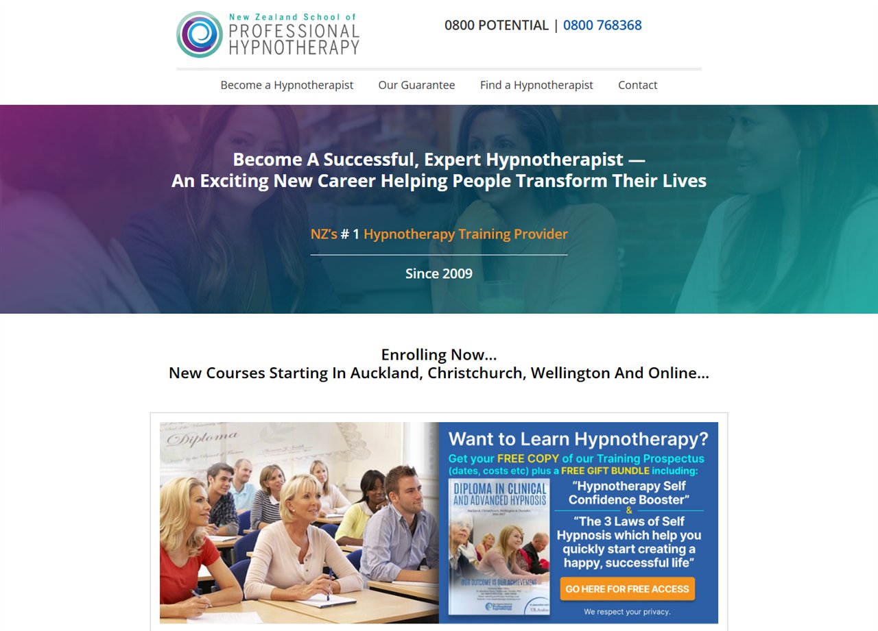 New Zealand School of Professional Hypnotherapy homepage, showing the full header and hero